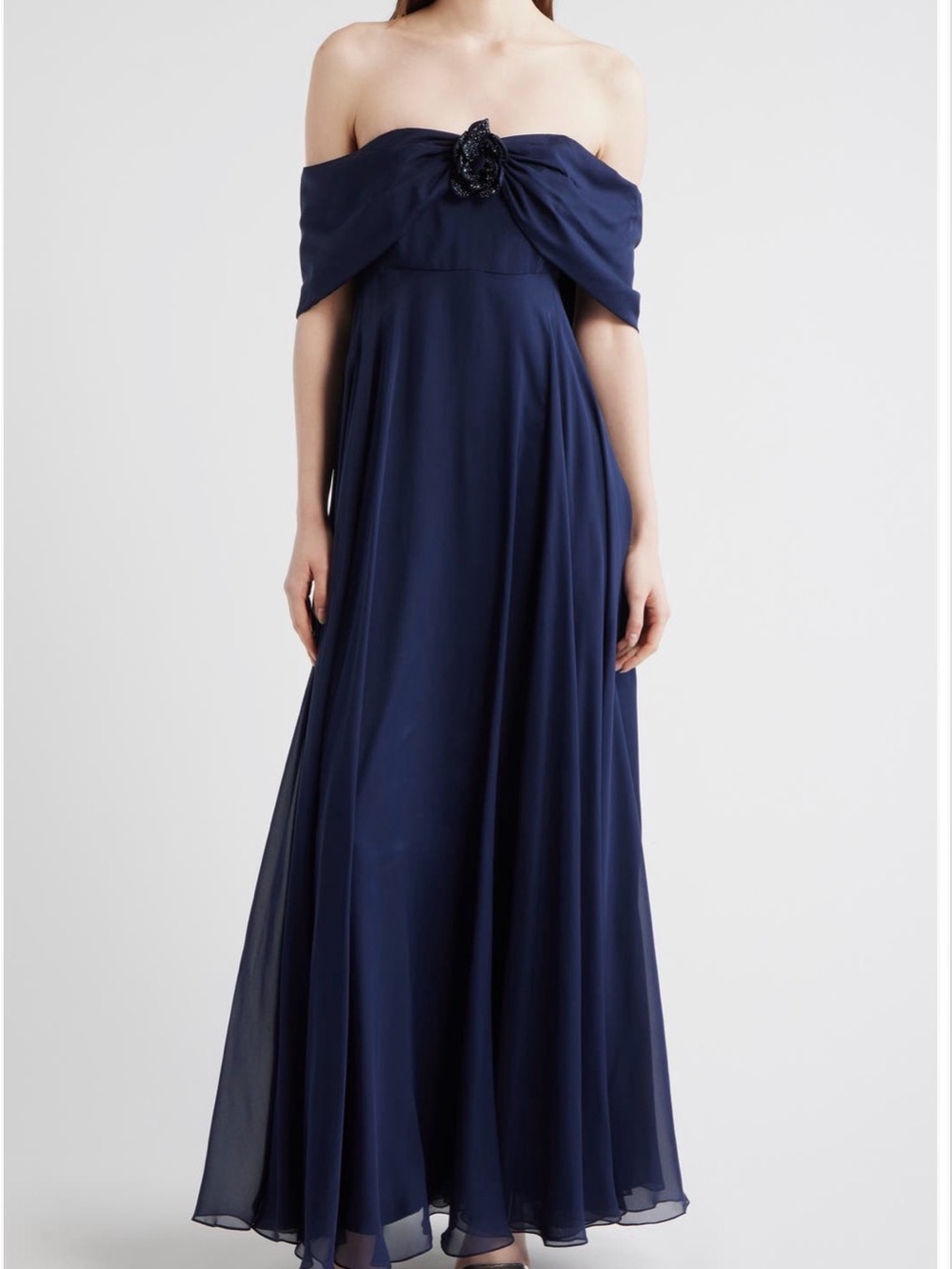 SACHI BABI Rebecca Rosette Detail Off The Shoulder Silk Chiffon Gown